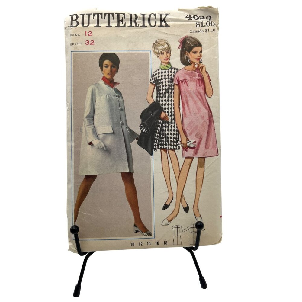 Butterick 4020 Vtg Sewing Pattern Womens Coat Dress Size 12 Retro Mod Style 1960